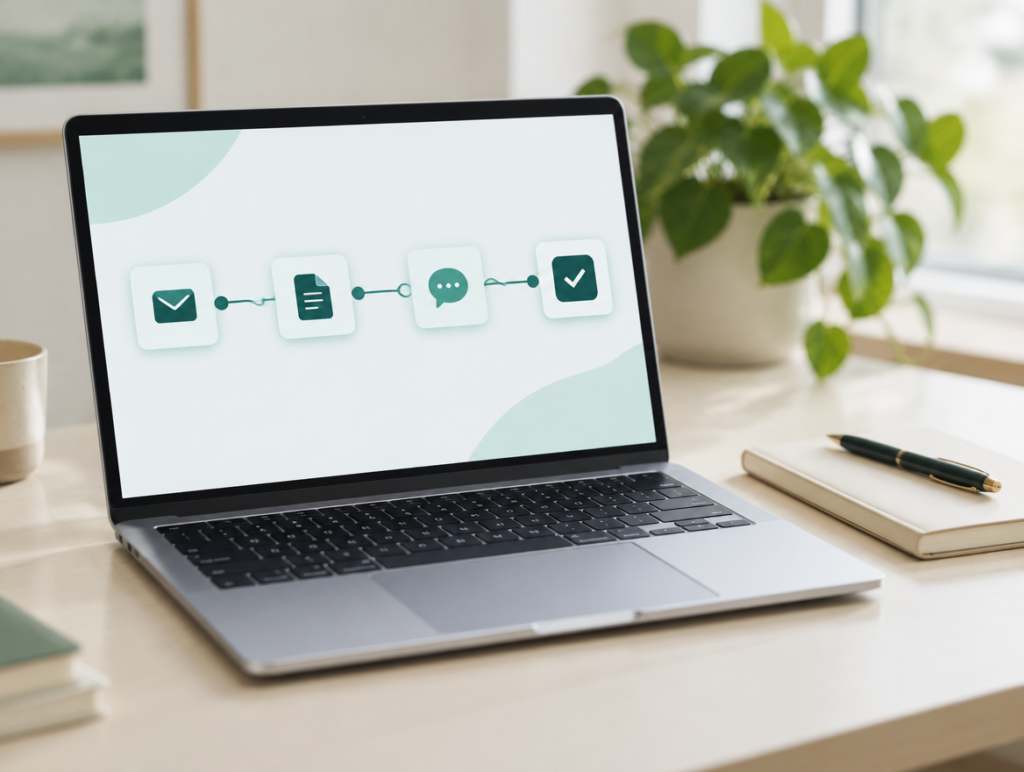 Laptop z przykładowym schematem automatyzacji łączącym wiadomości, dokumenty i obsługę zapytań