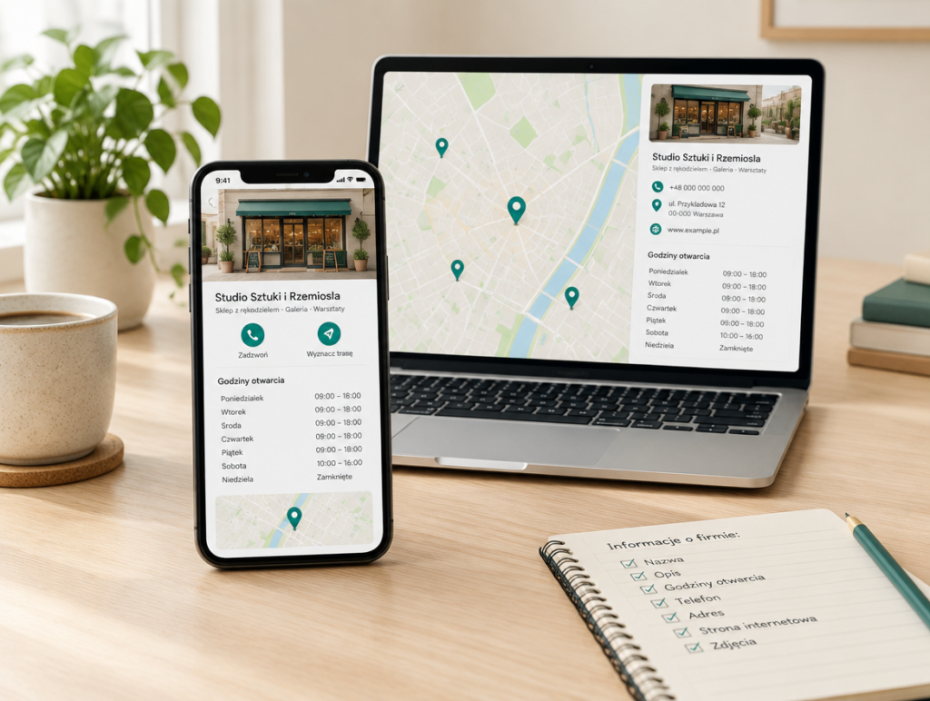 Przykładowy profil lokalnej firmy na telefonie i mapa na ekranie laptopa